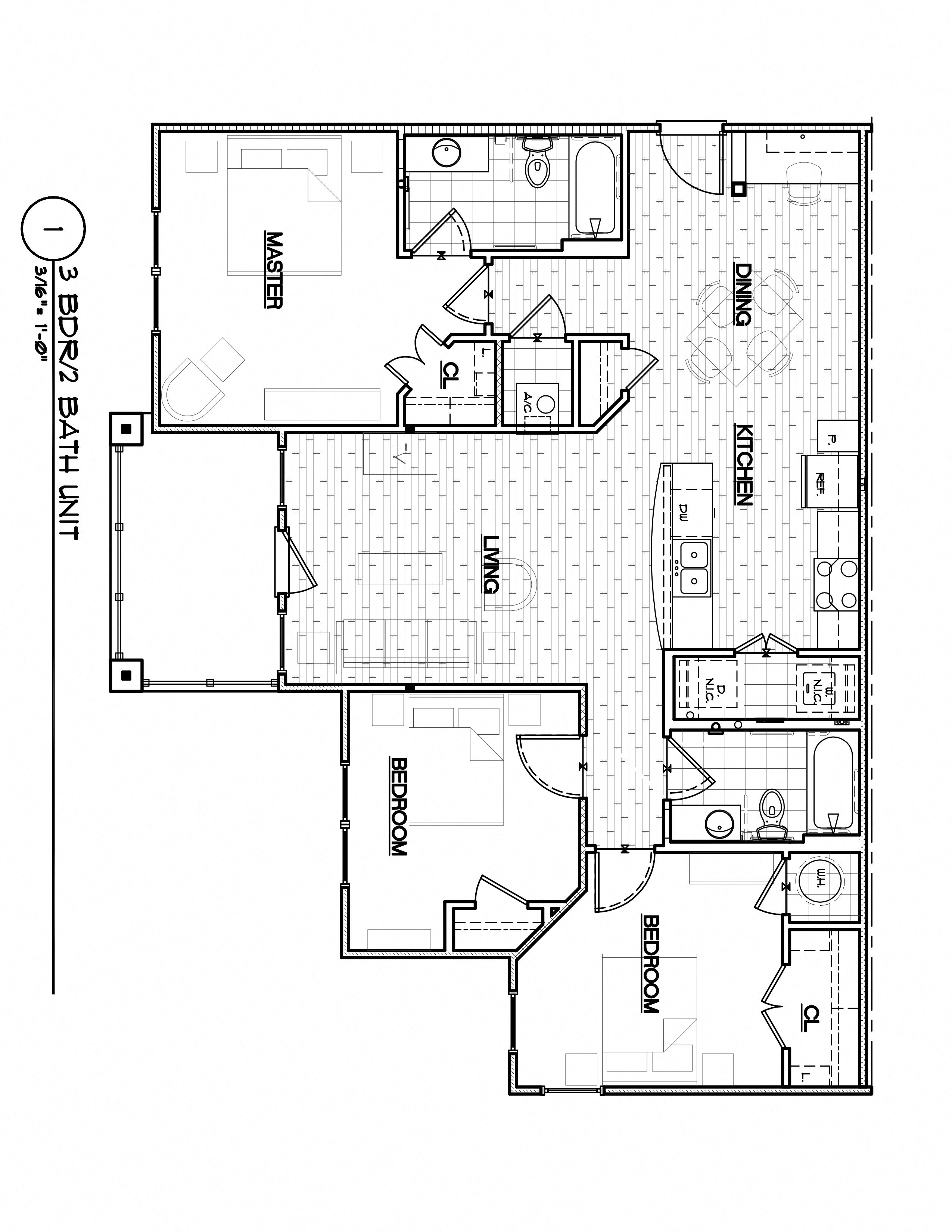 Floor plan for 3 beds, 2 baths, 1260 sqft